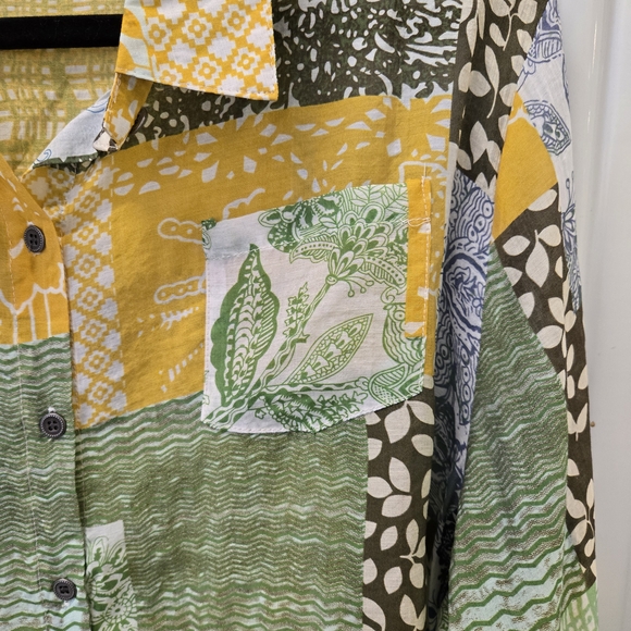 POL Patchwork Button-Down Shirt in Yellow, Green, Blue, and Brown - Picture 2 of 3